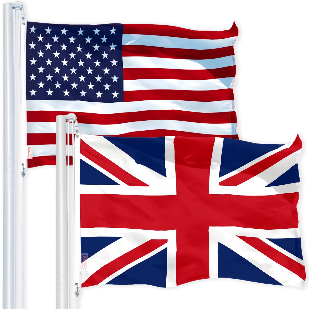 G128 Combo Pack: USA 3x5 Ft 150D Printed Stars & United Kingdom (Union Jack) Flag 3x5 Ft 150D Printed